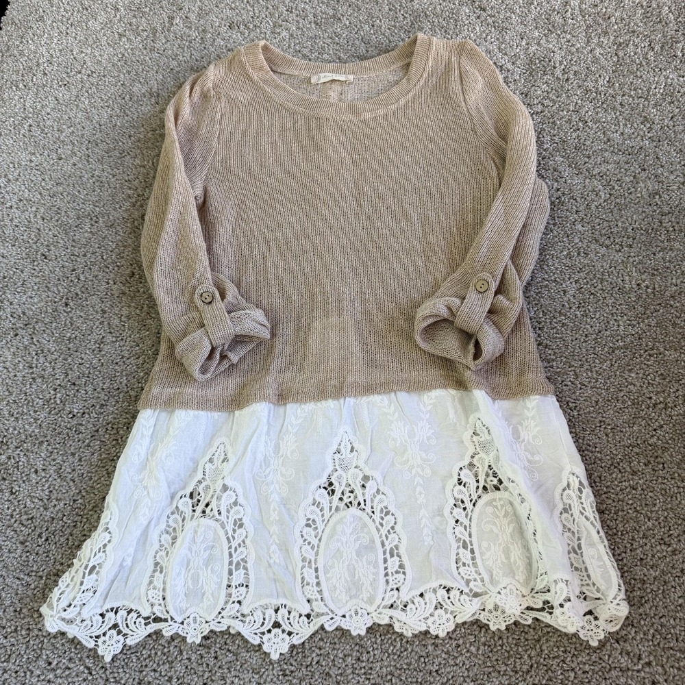 Altar'd State Sweater Womens S Beige Open-Knit Floral Lace Hem Button Back Tunic